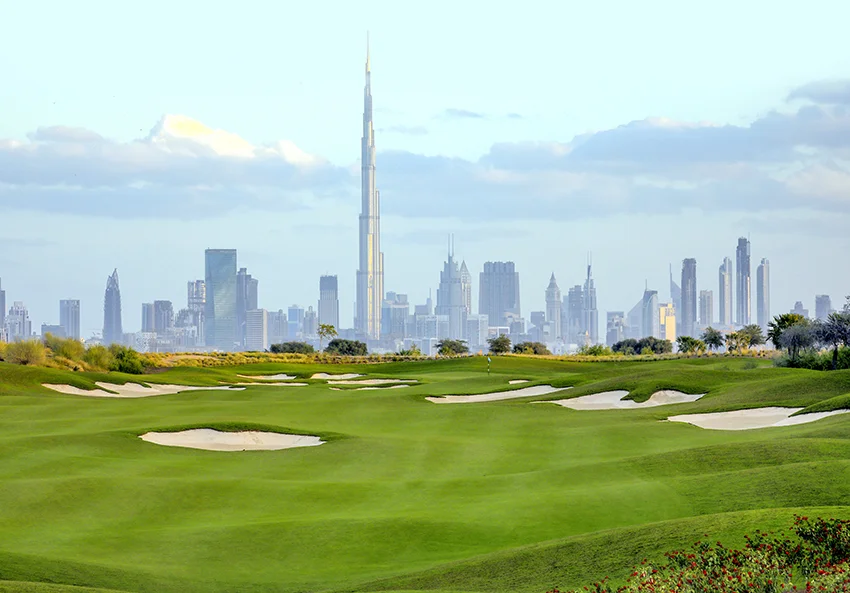 The new Dubai Hills golf course in Dubai offers stunning views of the city’s skyline.