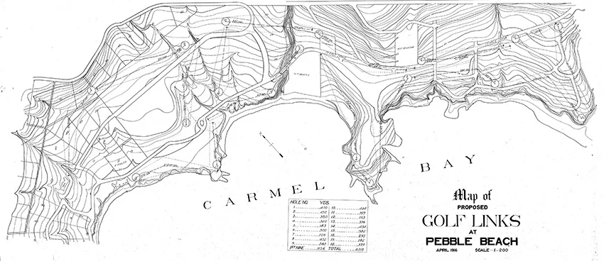 An early draft of the original routing of Pebble Beach from 1916.
