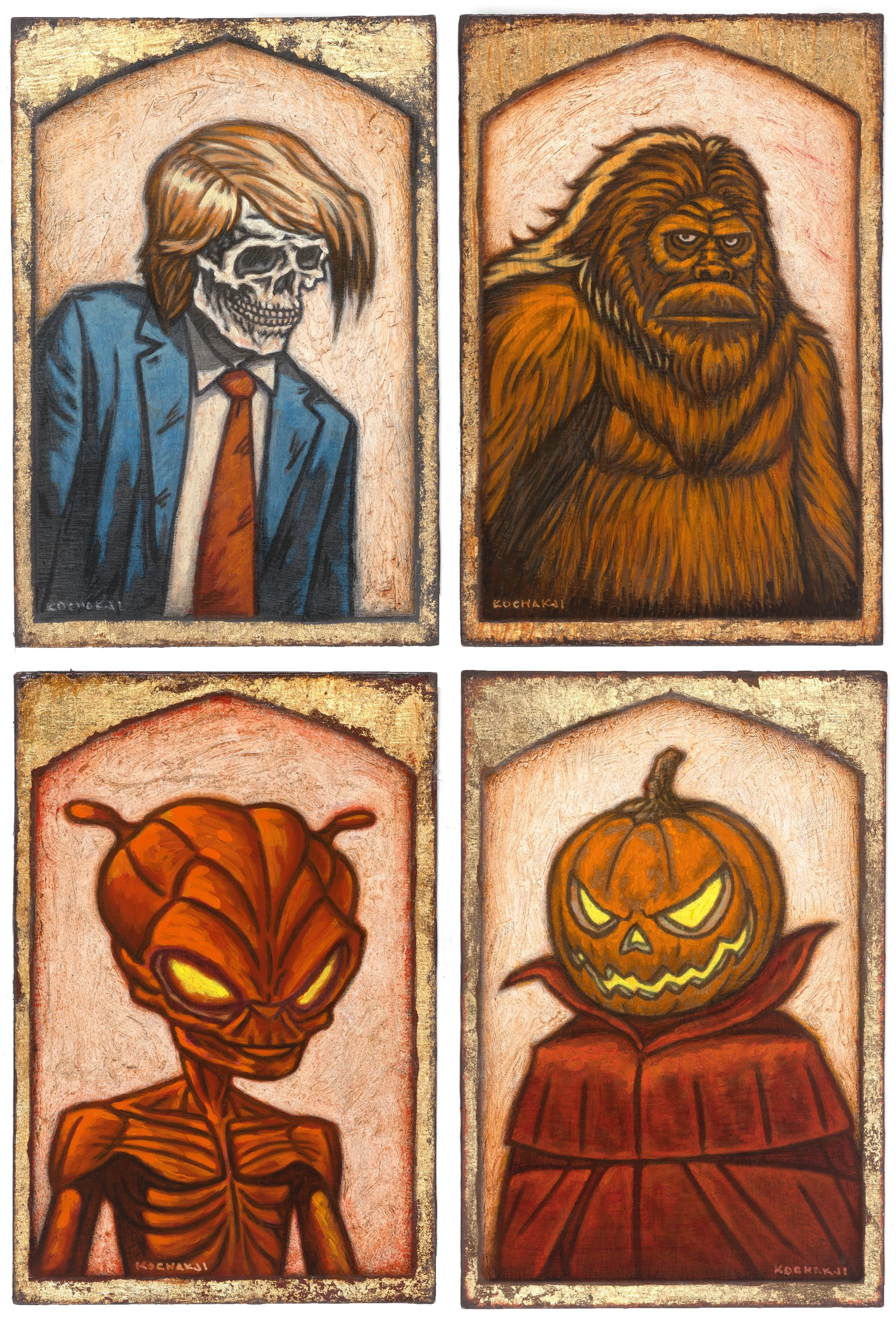 Monster Cards - Don, Harrison, Marvin, Jackson - oil on panel - 4x6 - Brassworks Gallery - 2nd Annual Postcard Show