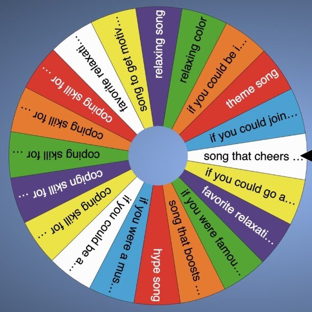 I find that people of all ages get a lot out of and enjoy this spinner game. We go to spinnerwheel.com and put in questions related to coping skills (many of them being music related) or ice breakers. We stop and listen to the song related questions.