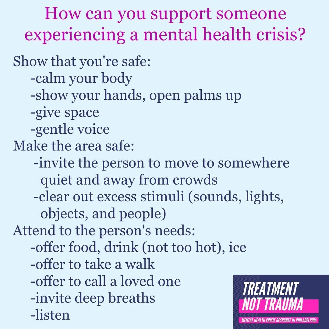 There are SO many ways to help someone experiencing a mental health crisis without harming them. Here are a few. (Image: light blue background and text in purple and pink: How can you support someone experiencing a mental health crisis? Show that you