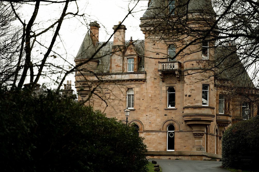exterior outside view of cornhill castle wedding venue in biggar in lanarkshire scotland