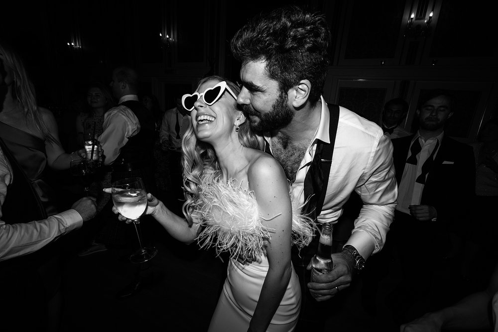 bride with sunglasses on dancing with her groom at their wedding reception at drumtochty castle