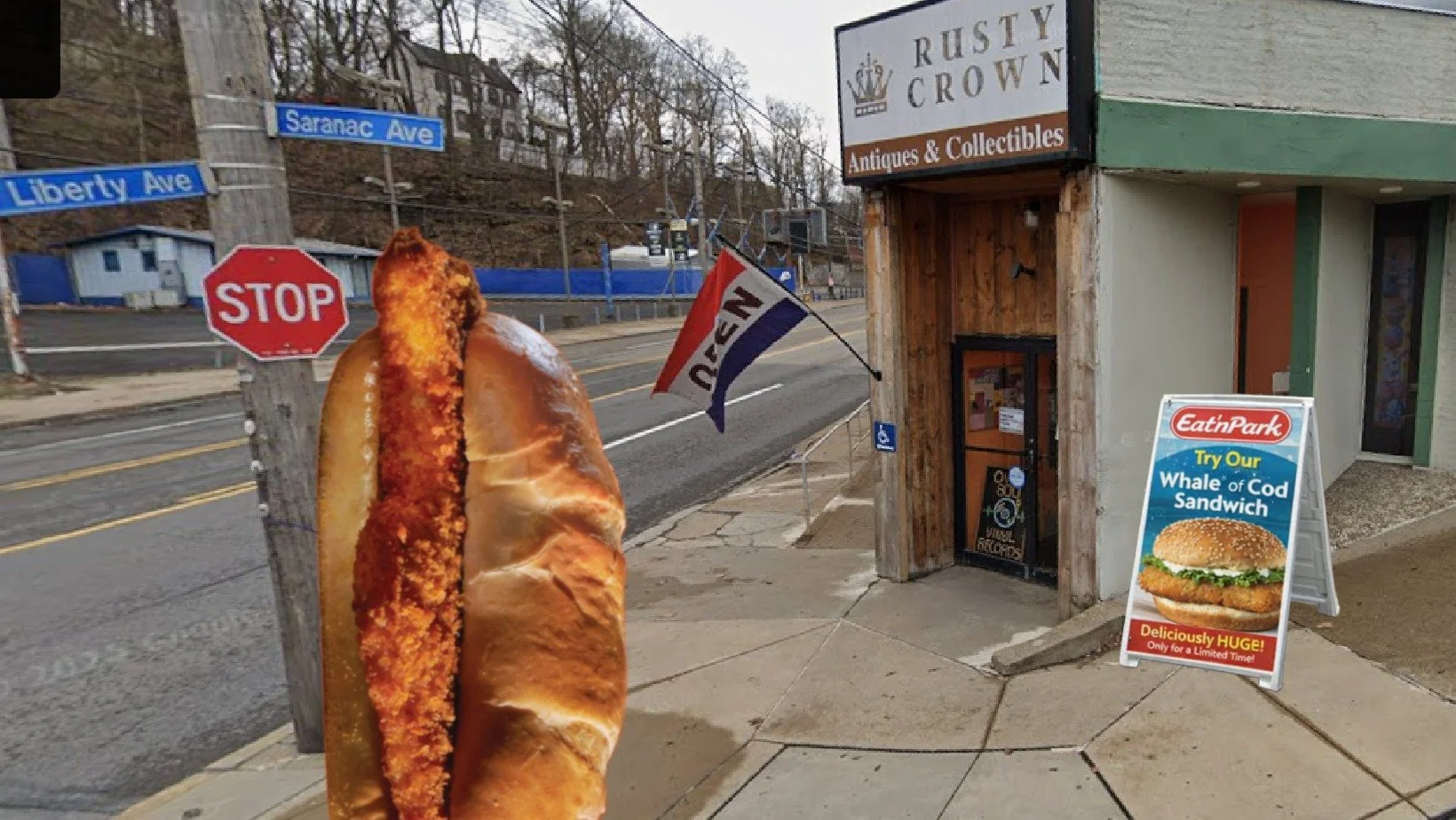 All the rain has washed @borough_of_dormont @eatnpark's Whale of a Cod down to the corner of W. Liberty and Saranac.  Fresh Fish up the street.  Fresh Finds inside the Rusty Crown! #WhaleofaCod #rustycrownpgh