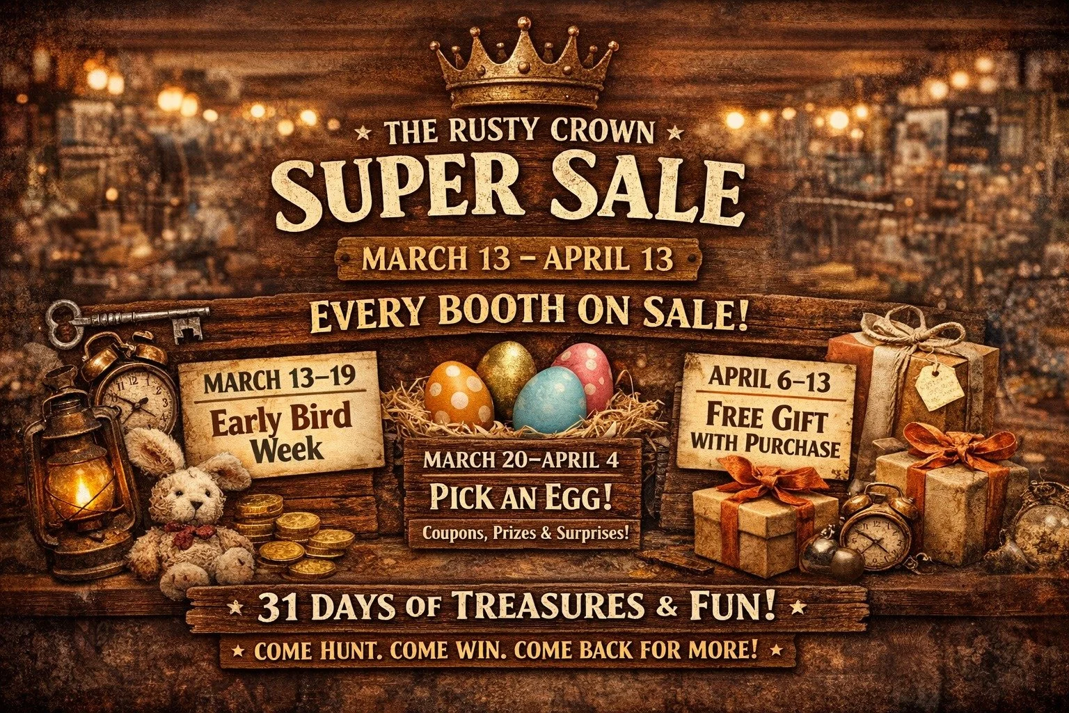 Something BIG is brewing at The Rusty Crown&hellip; 👑✨

Our Super Sale is coming, and let&rsquo;s just say&hellip; every booth is joining the party. That&rsquo;s right. Forty vendors. Endless treasures. Major markdown magic. 🛍️💫

We&rsquo;re talki