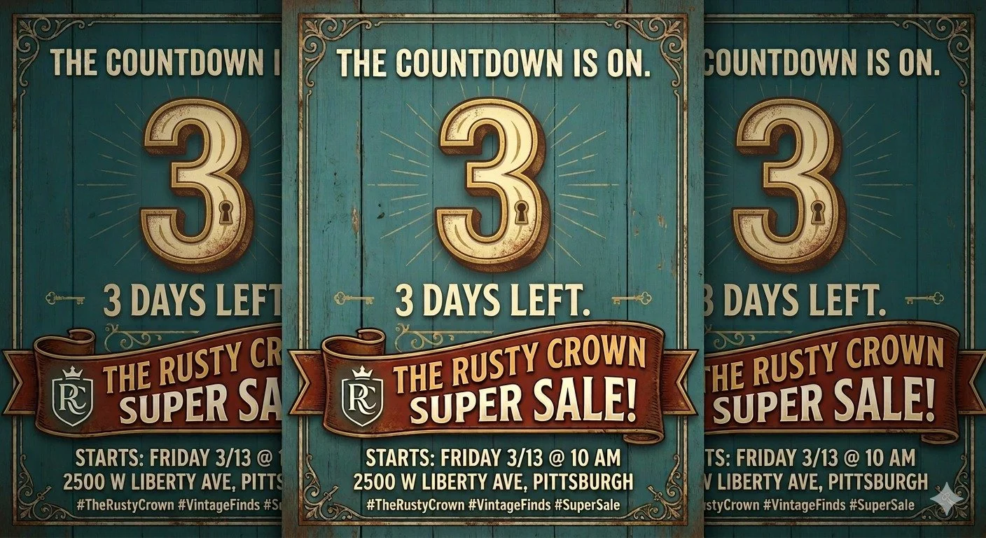 ⏳ THE COUNTDOWN IS ON! ⏳
Only 3 DAYS until 2nd Annual SUPER SALE! 👑✨ 
The Best Treasures Go First: From mid-century gems to one-of-a-kind curiosities, the early bird definitely gets the vintage worm.
Whether you're hunting for that perfect statement