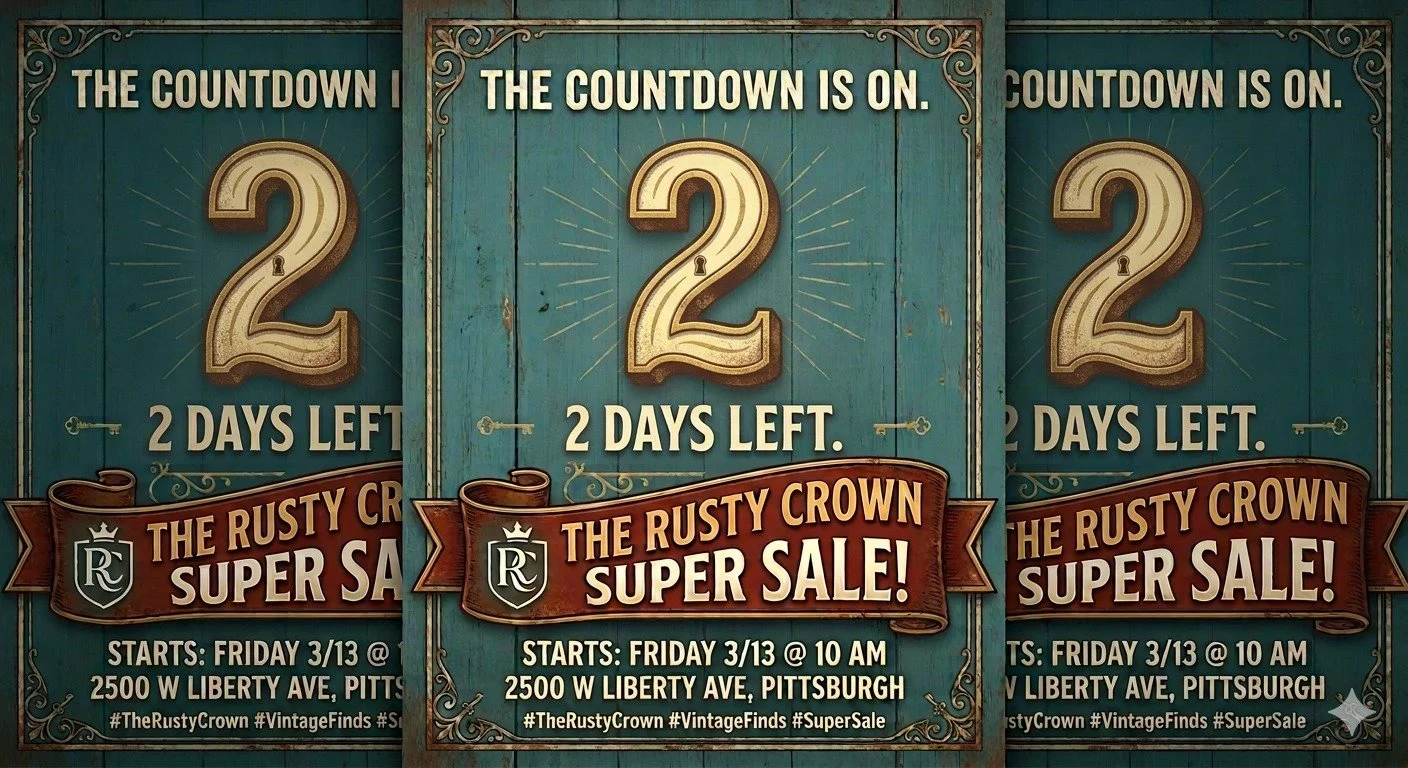 No two items are the same. Be the first to claim your favorites. We&rsquo;re officially in the final 48 hours! 🚨 All 40 of our vendors have been busy tagging, stocking, and prepping their best pieces for you.
 #RustyCrownPGH #PittsburghVintage #Shop