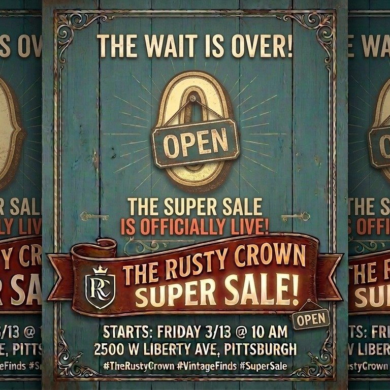 THE WAIT IS OVER! 🎉 The Rusty Crown Second Annual Super Sale is officially LIVE. We&rsquo;re open 10 AM &ndash; 6 PM today with wall-to-wall deals from every single vendor. Come find your next favorite piece!
 #rustycrownpgh #PittsburghVintage #Earl