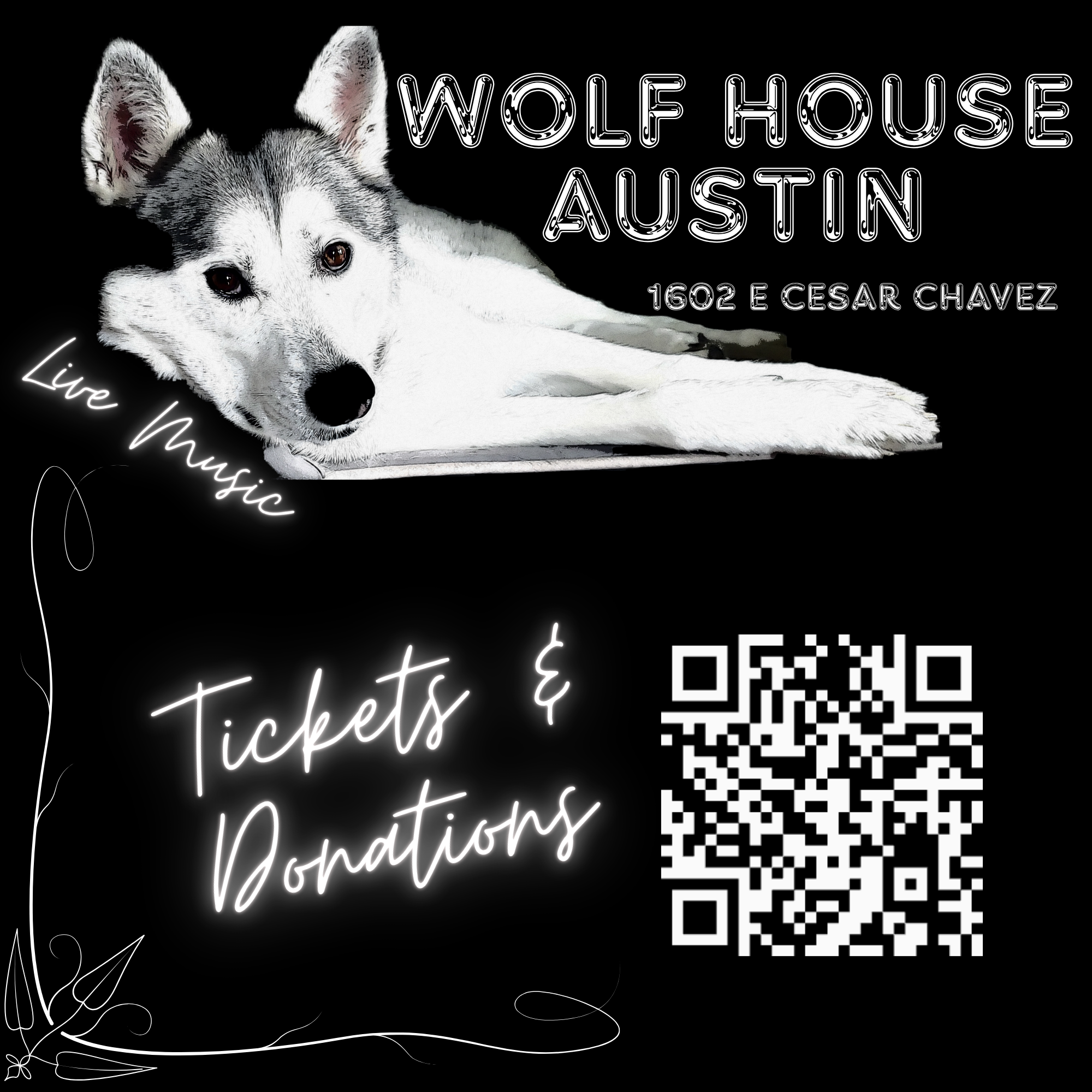 QR Code with details on upcoming music events at the Wolf House Austin