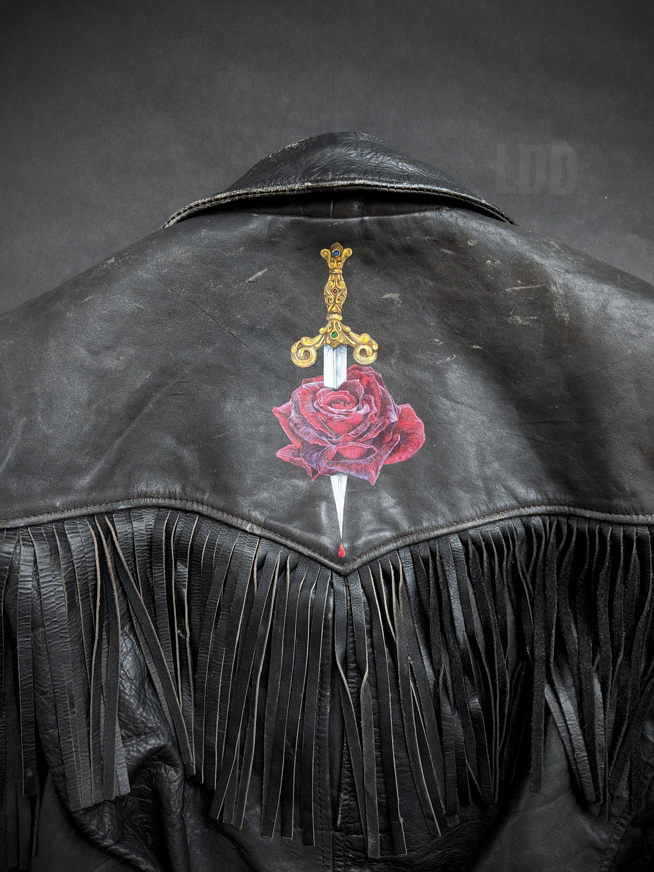 vintage rose design fringe leatherjacket | santacasapirassununga