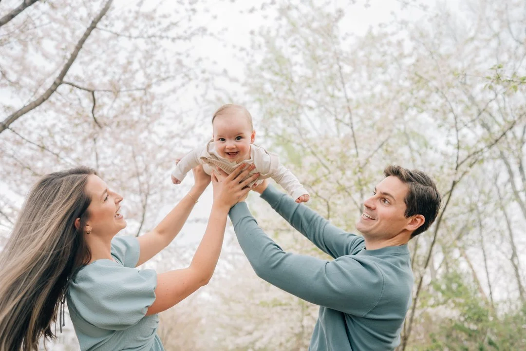 Family Photos During Spring Cherry Blossoms in Greenville, SC