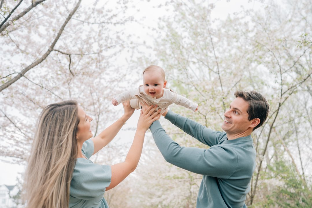 Family Photos During Spring Cherry Blossoms in Greenville, SC