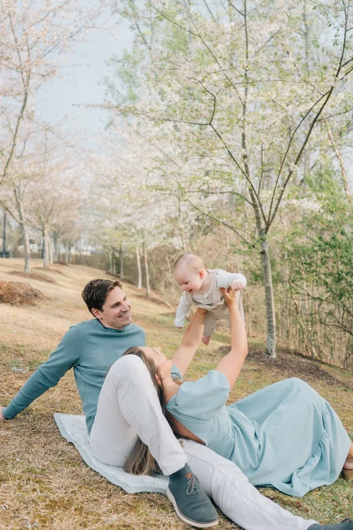 Family Photos During Spring Cherry Blossoms in Greenville, SC