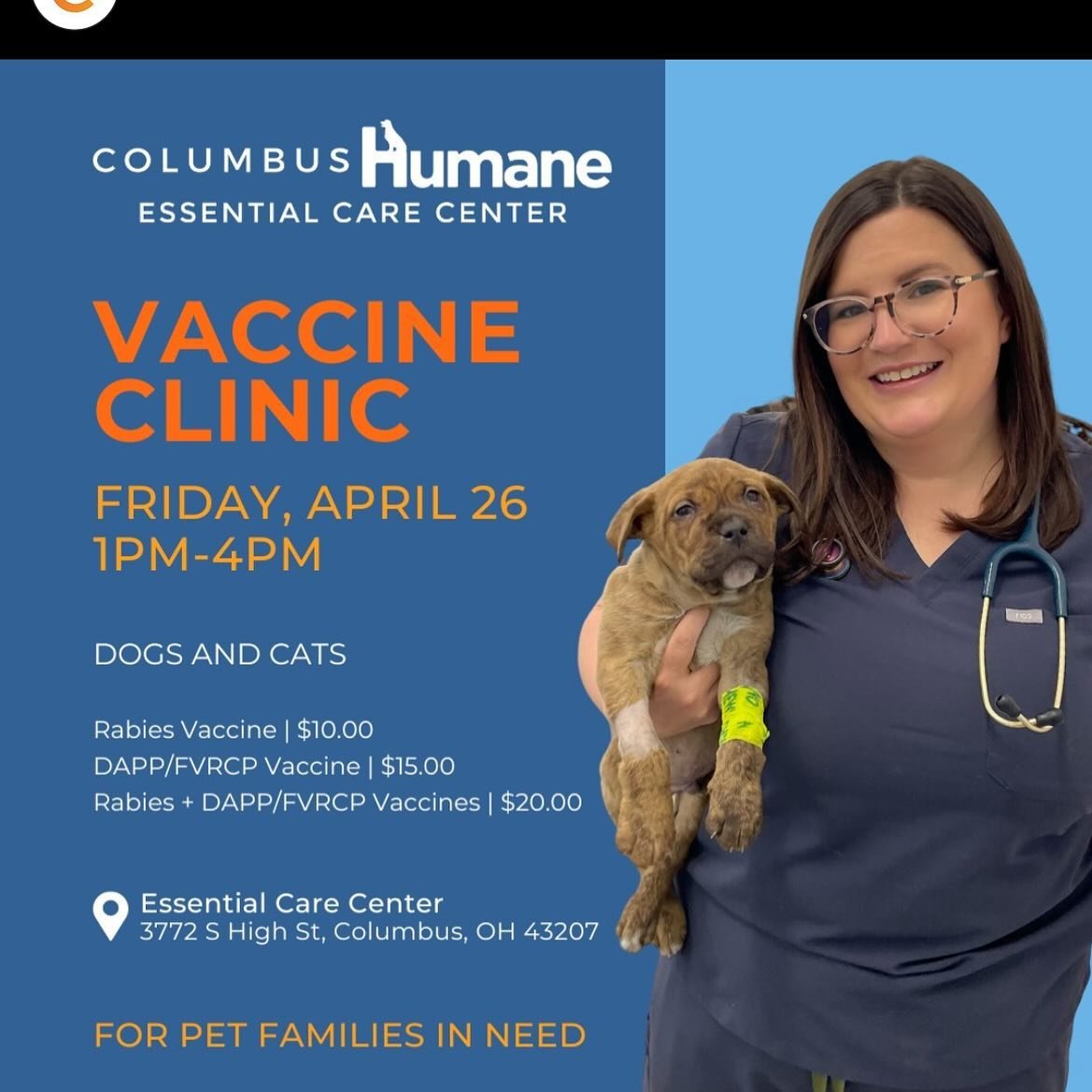 HAPPENING TODAY FROM 1-4PM. 

The Columbus Humane Essential Care Center is offering a vaccine clinic for dogs and cats TODAY, April 26, 2024 from 1PM-4PM. We are offering core vaccines for dogs and cats at a reduced cost to anyone who cannot afford v