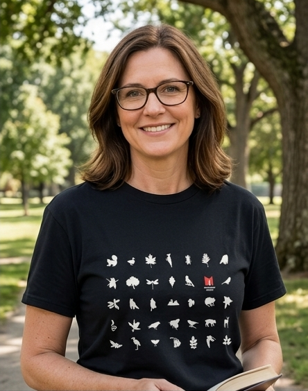 woman in Maplewood Library t-shirt
