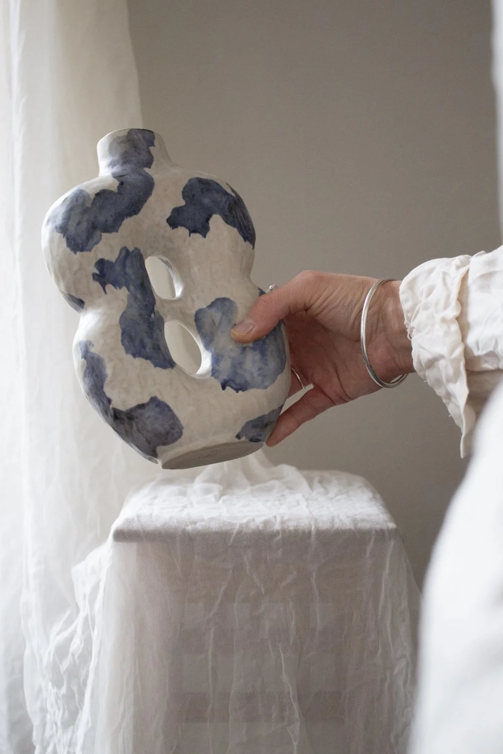 Handmade Silky White Vase With Cobalt Decor