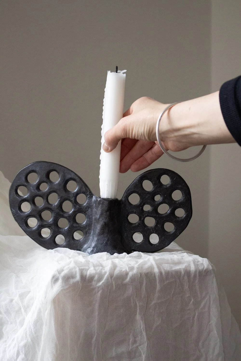 Handmade Candleholder with Two Ears in Black