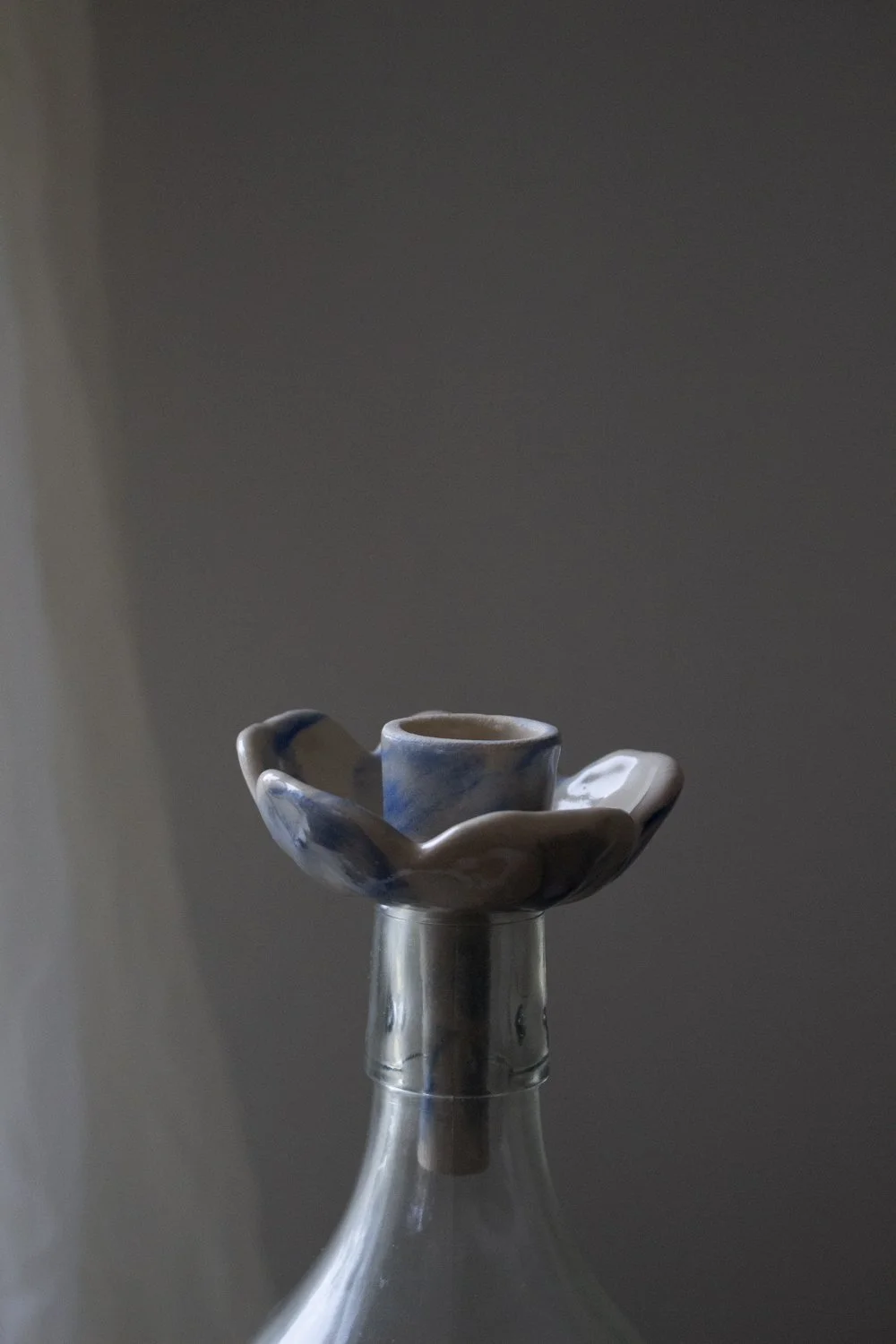 Candleholder Flower for a Wine Bottle with Blue Brushstrokes