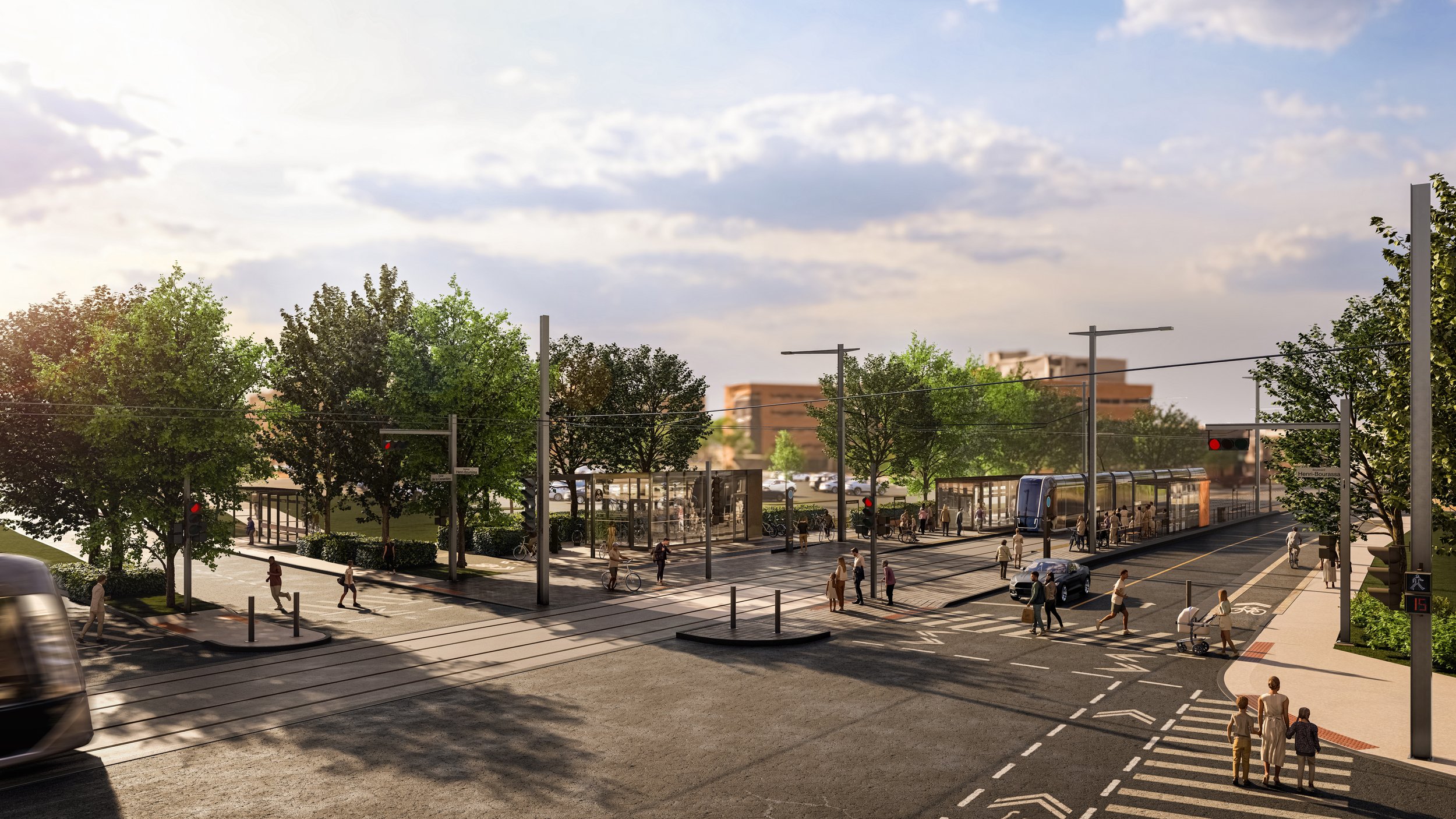 3D rendering of the Quebec City tramway near the Enfant-Jésus hospital, produced for the Ville de Québec