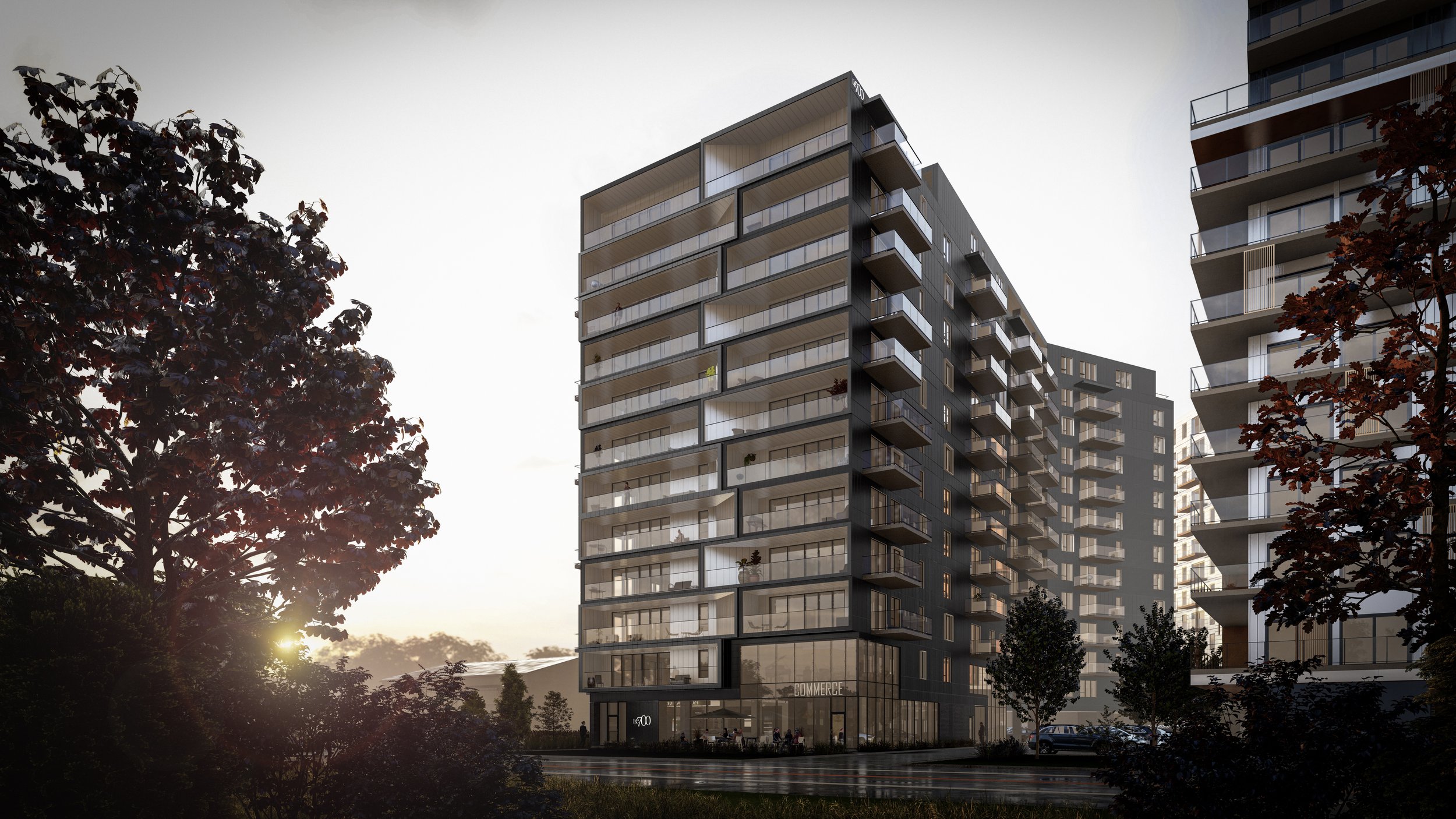 Exterior 3D rendering of Le 700 in Saint-Nicolas, Lévis