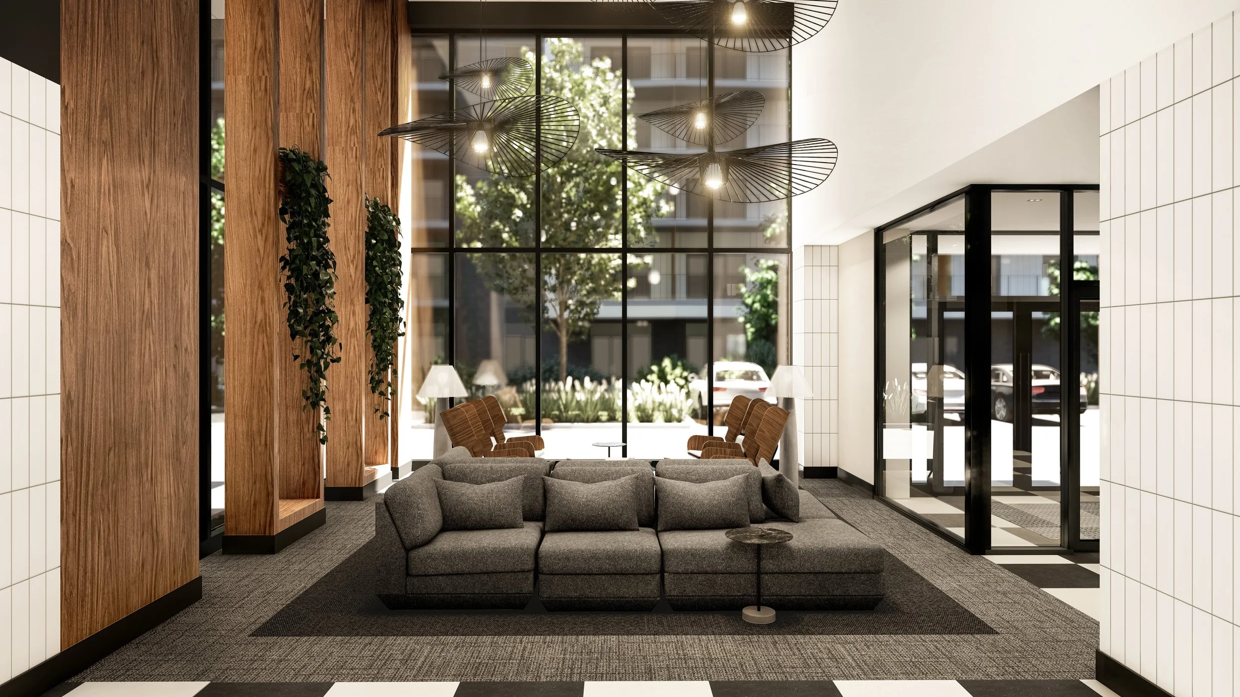 3D rendering of the lobby at Le 700, Saint-Nicolas, Lévis