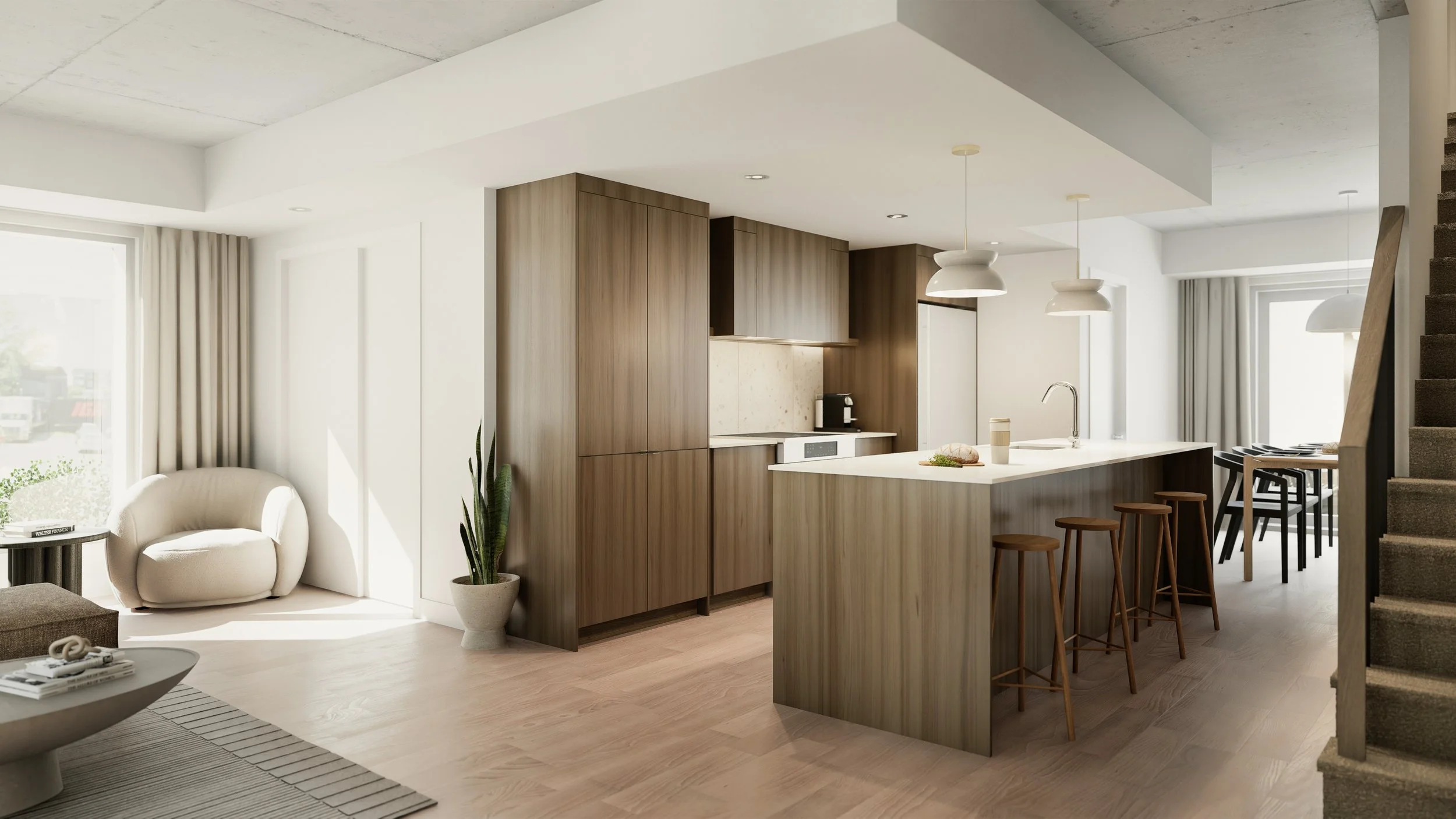 Interior 3D rendering of an apartment at Quartier Cartier, Montcalm, Quebec City