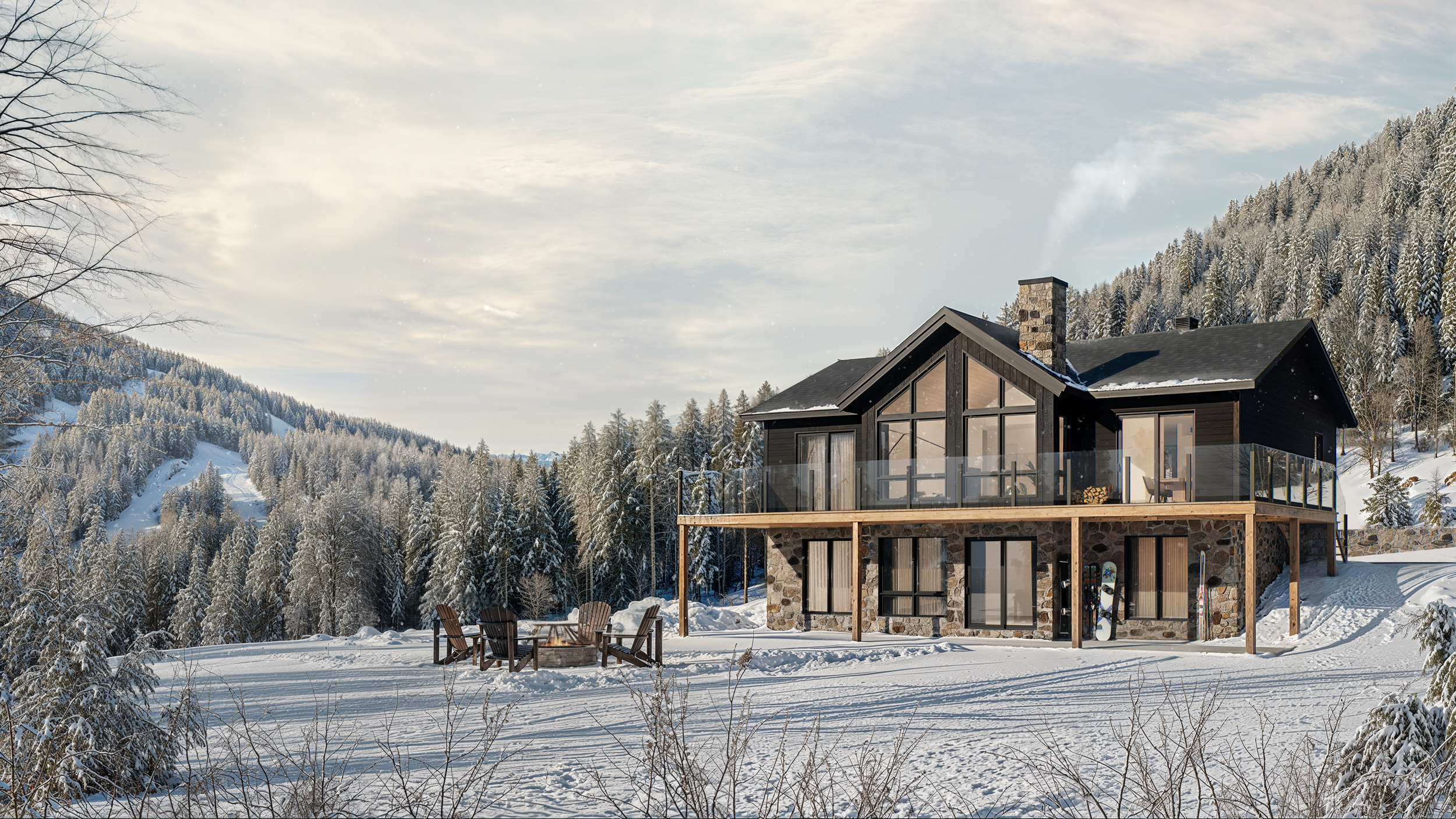 3D rendering of a Maisons Bonneville model home in a winter mountain setting
