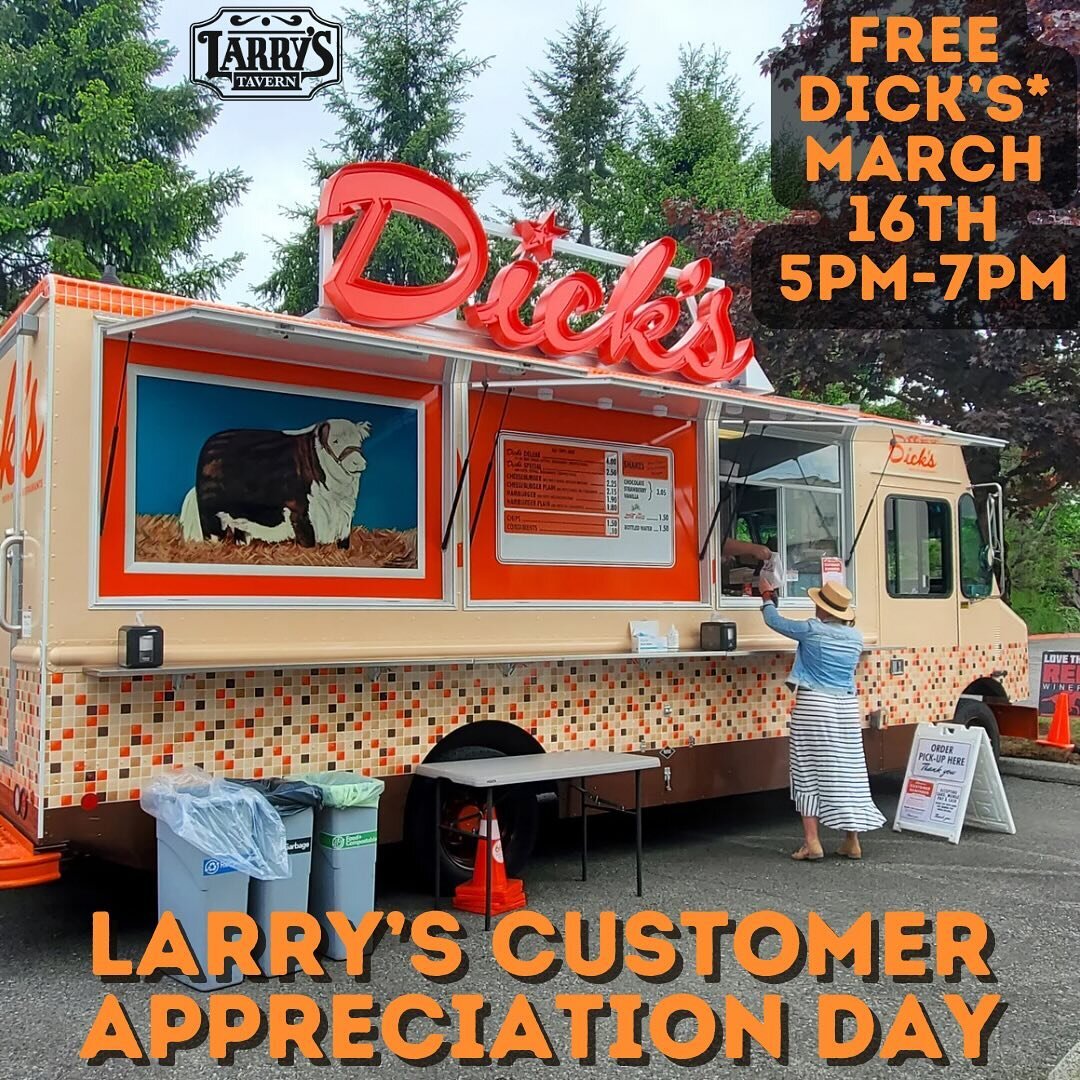 BIG NEWS!! Mark your calendars, March 16th will be our first Larry&rsquo;s Tavern customer appreciation day! From 5-7 we will be providing free Dick&rsquo;s burgers and milkshakes, with a qualifying drink purchase!! Limit 2 per customer and available