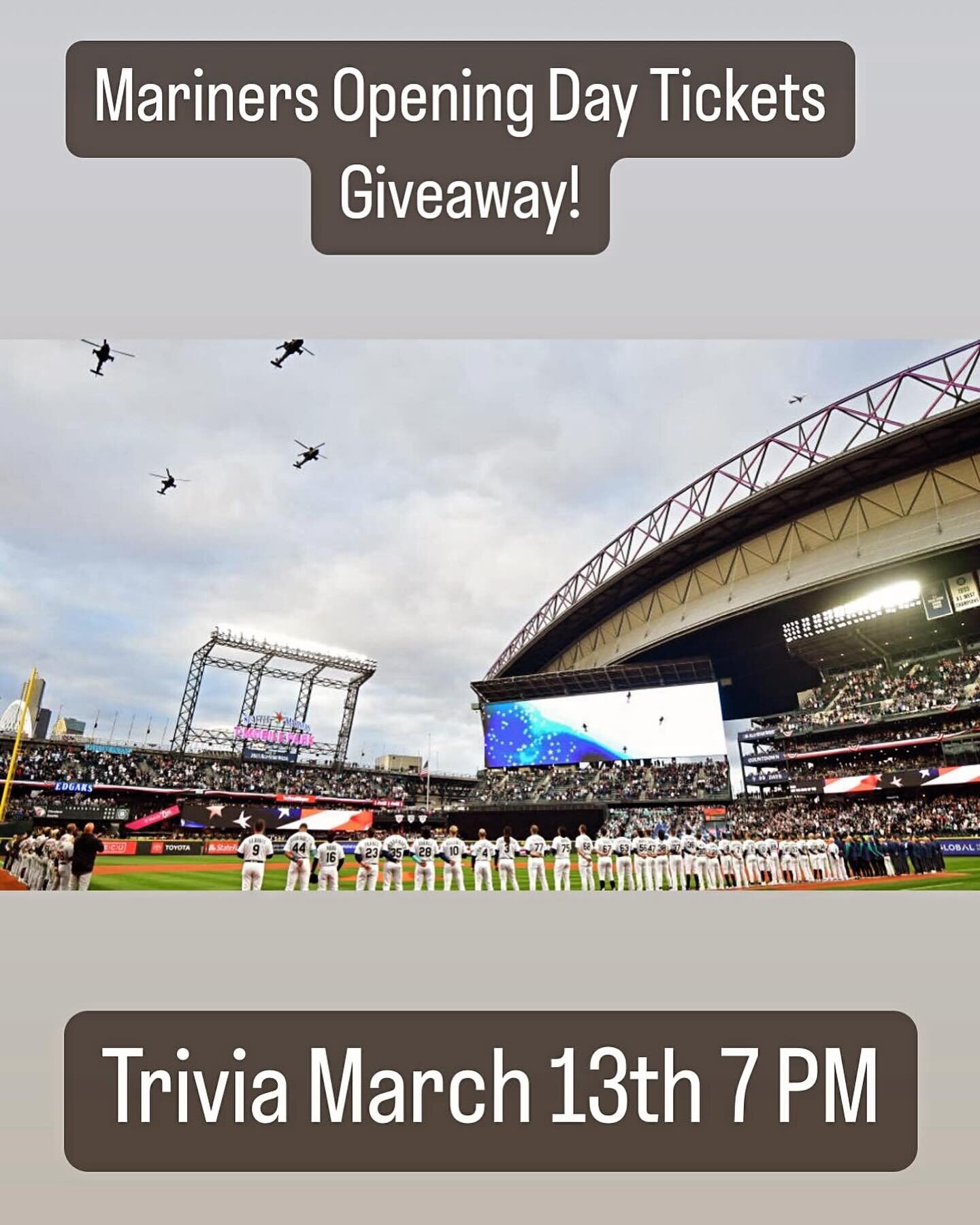 We&rsquo;re giving away Mariners Opening Day Tickets for the Trivia grand prize on March 13th 7 PM! Come down tonight at 7 PM to dust off those thinking caps and get some practice in for next week