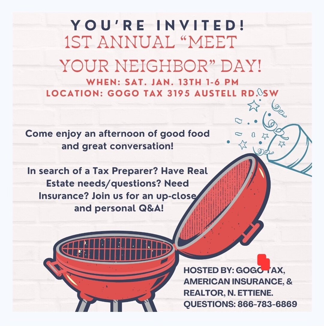 Feed your curiosity and appetite at our exclusive event! 

When: Saturday, January 13th 1-6 PM

Where: Gogo Tax 3195 Austell Rd SW

🍽️ Join us for a taste of great coverage and explore our offerings: Car, Homeowners, Health, Renters, Life, Traveler 