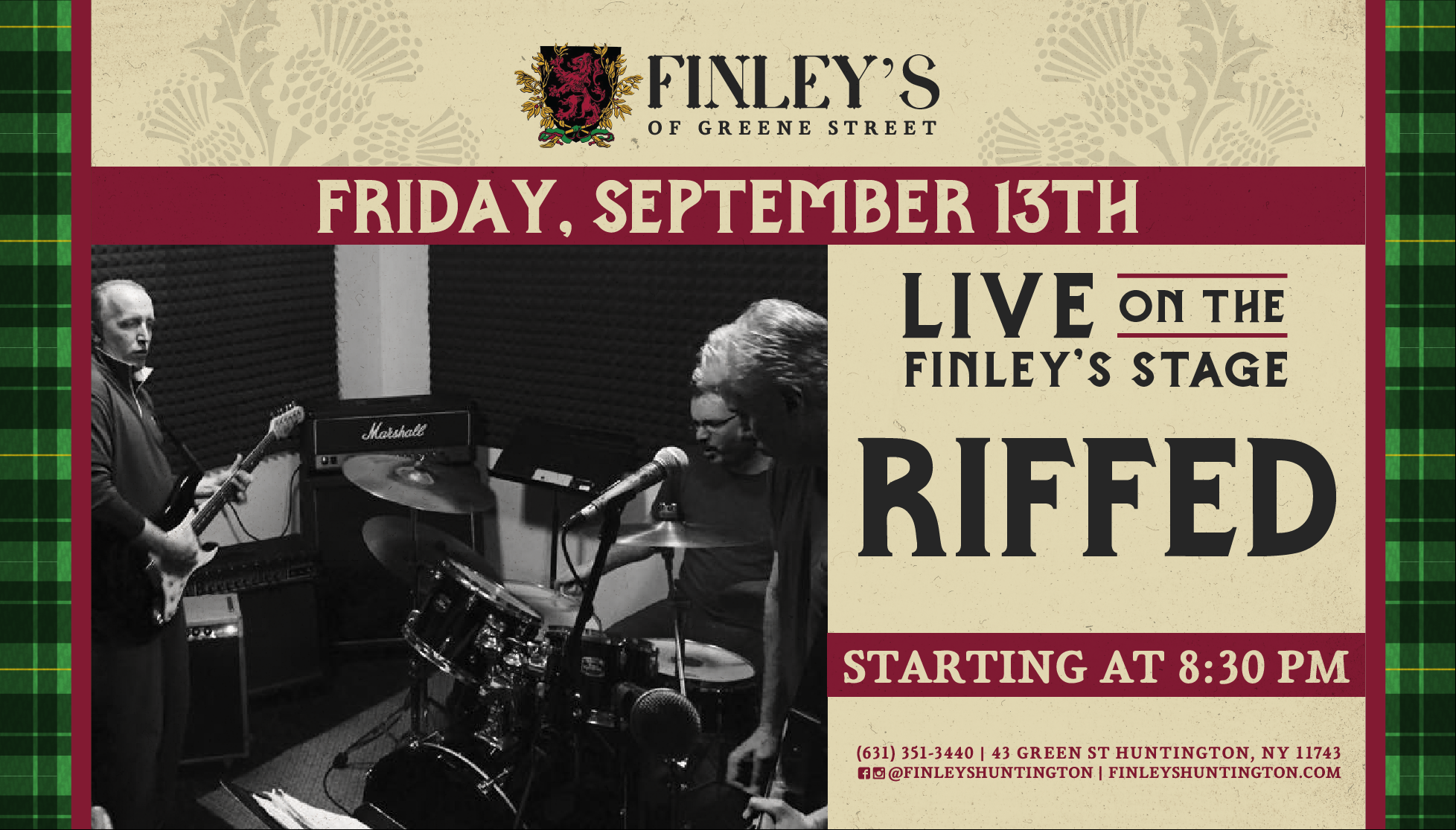 Flyer for live music with Riffed at 8:30pm on Friday, September 13th