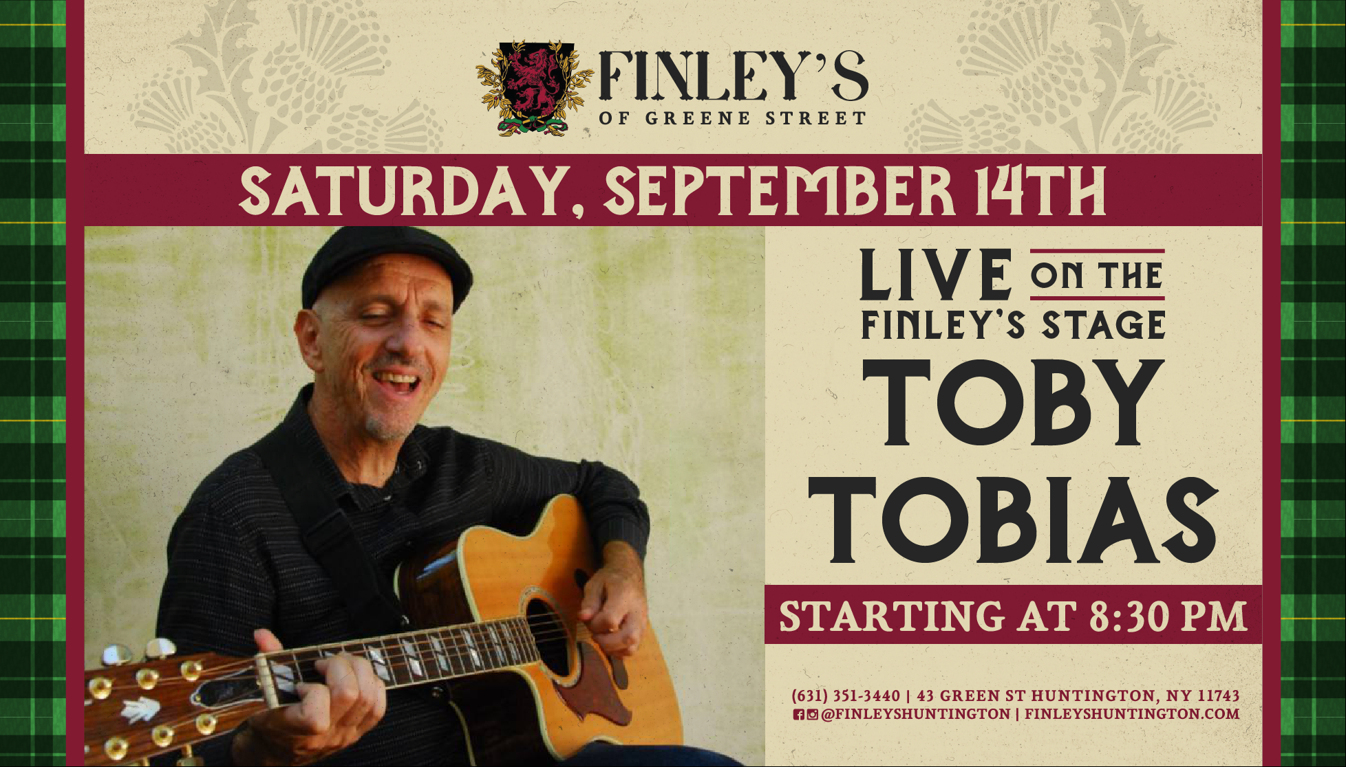Flyer for live music with Toby Tobias on Saturday, September 14th at 8:30pm.