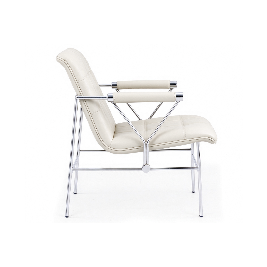Side profile of cream Napa accent chair featuring a reclined backrest, padded armrests, and polished chrome frame for contemporary offices in Durham and RTP.