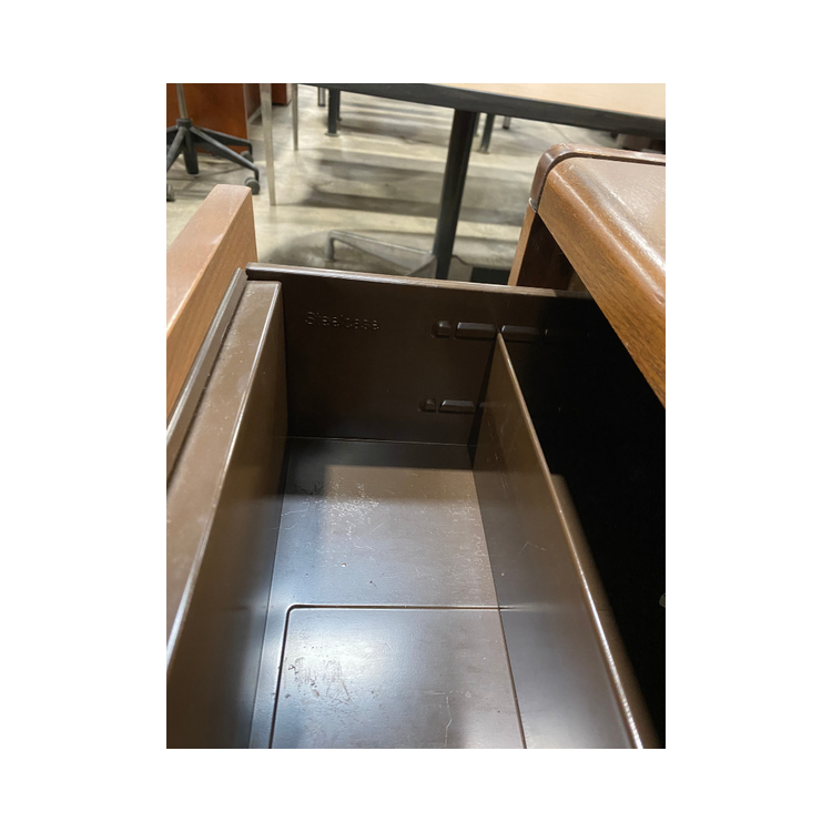 Interior view of vintage Steelcase credenza with sliding drawers and storage compartments