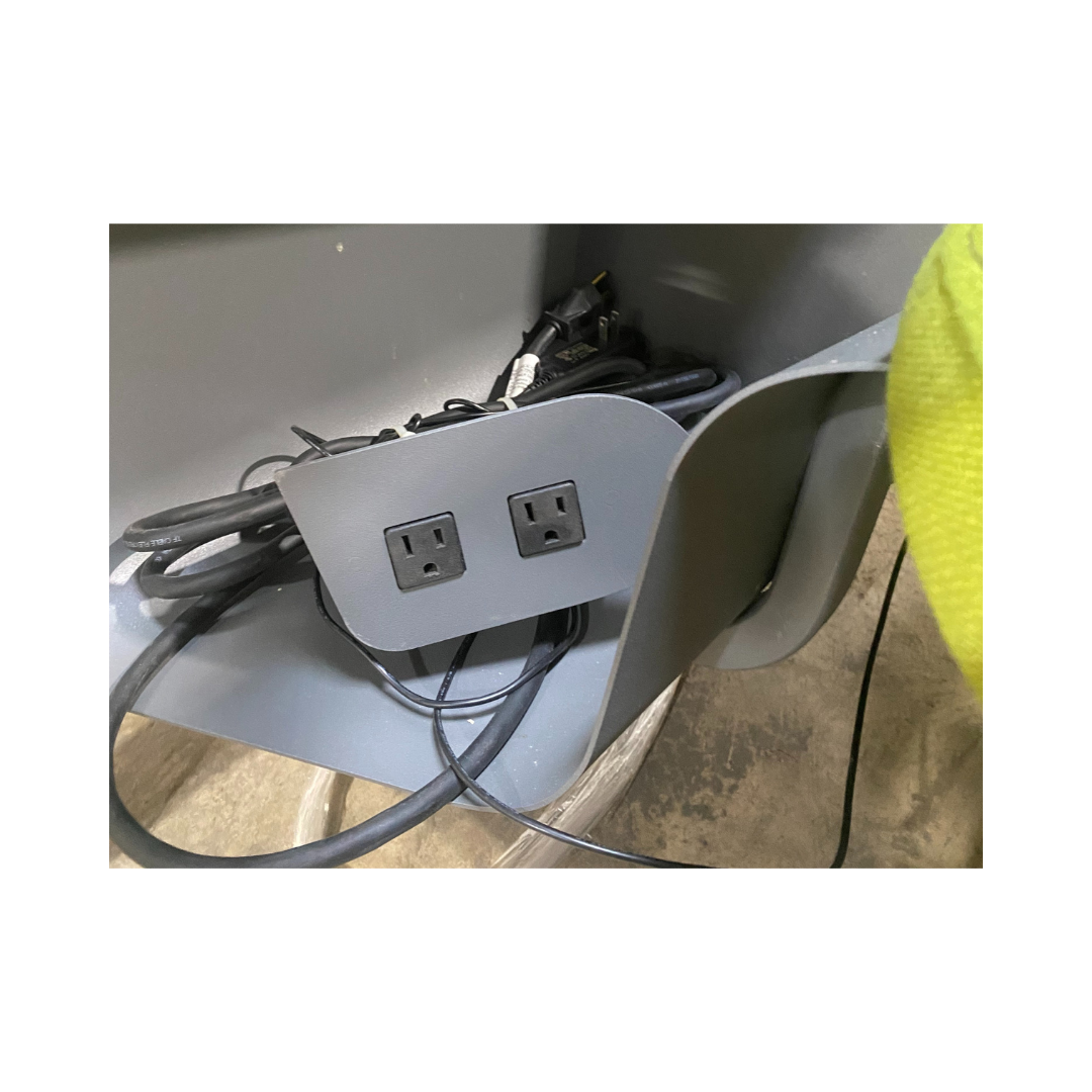 Integrated dual power outlets and cable management inside a Steelcase Brody work lounge, pre-owned office furniture for sale near Raleigh and Cary, NC