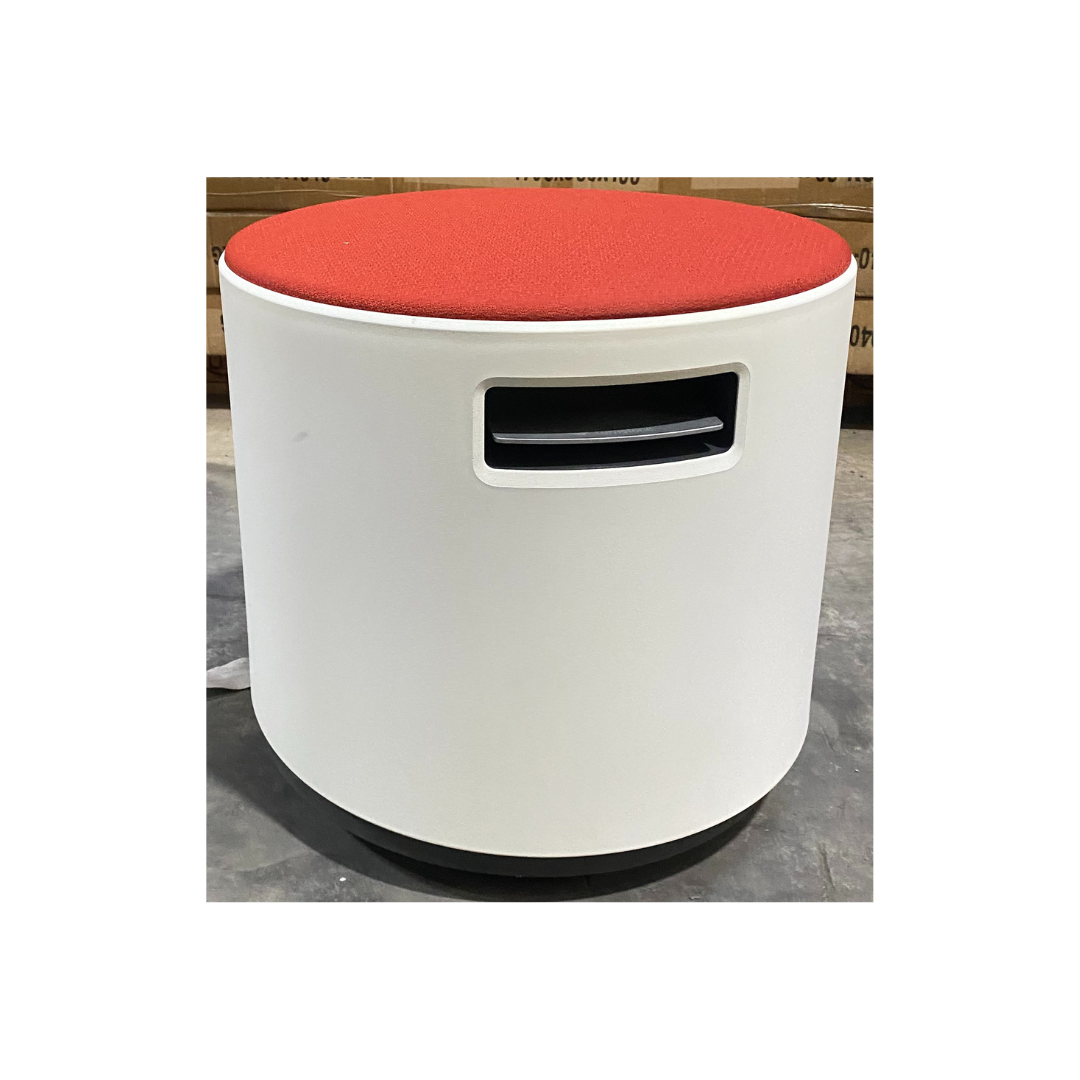 Turnstone Buoy ergonomic active stool with white body, red fabric seat, and built-in side handle.  Pre-owned seating available in Raleigh, NC