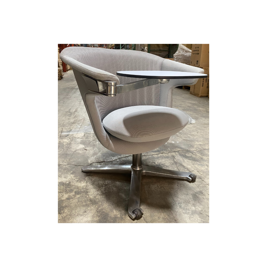 contemporary gray lounge chair with integrated tablet arm