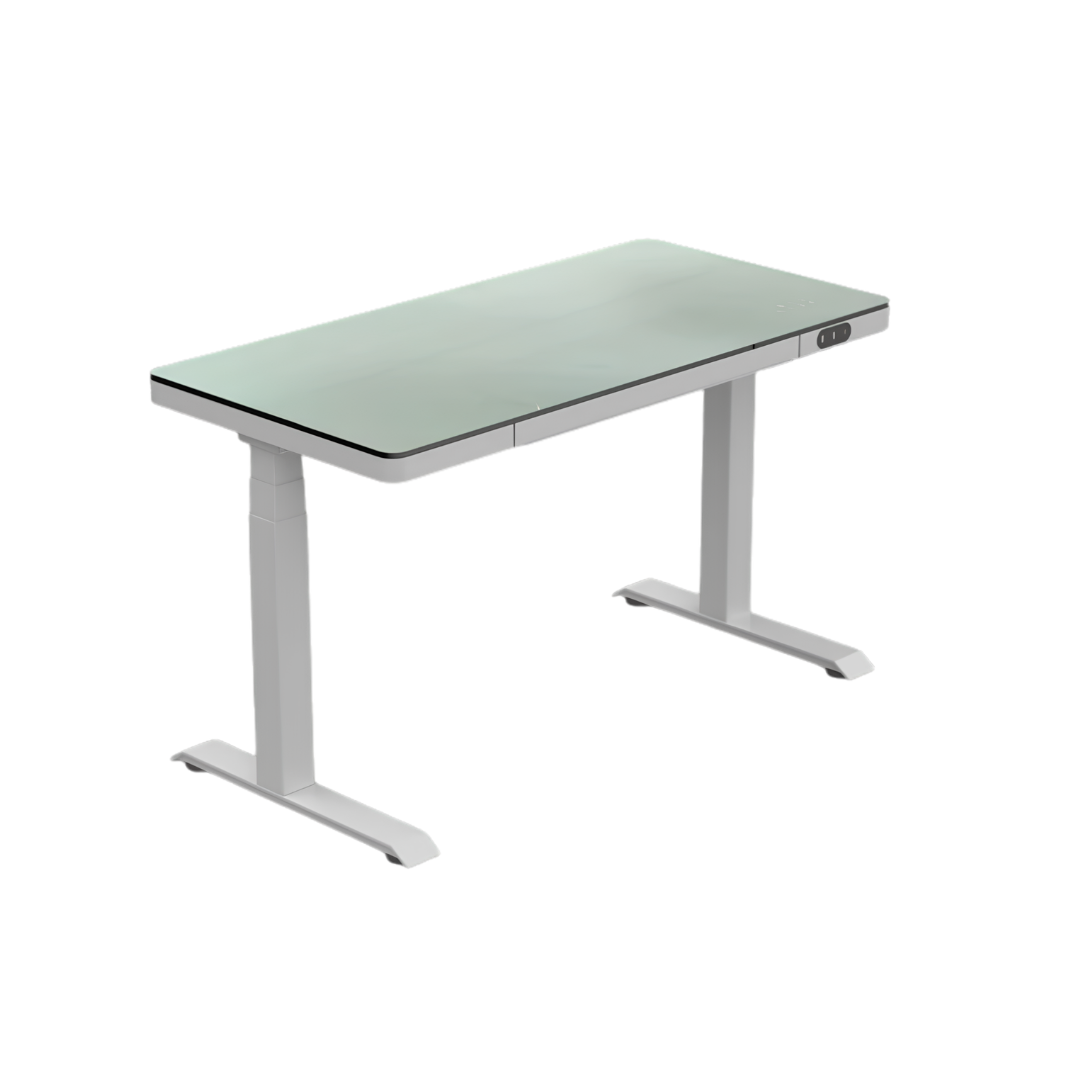 Glass top height adjustable desk in white