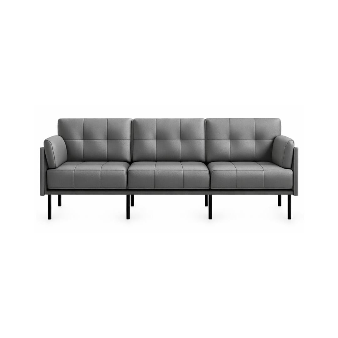 Sleek office couch with minimalist design and metal frame base
