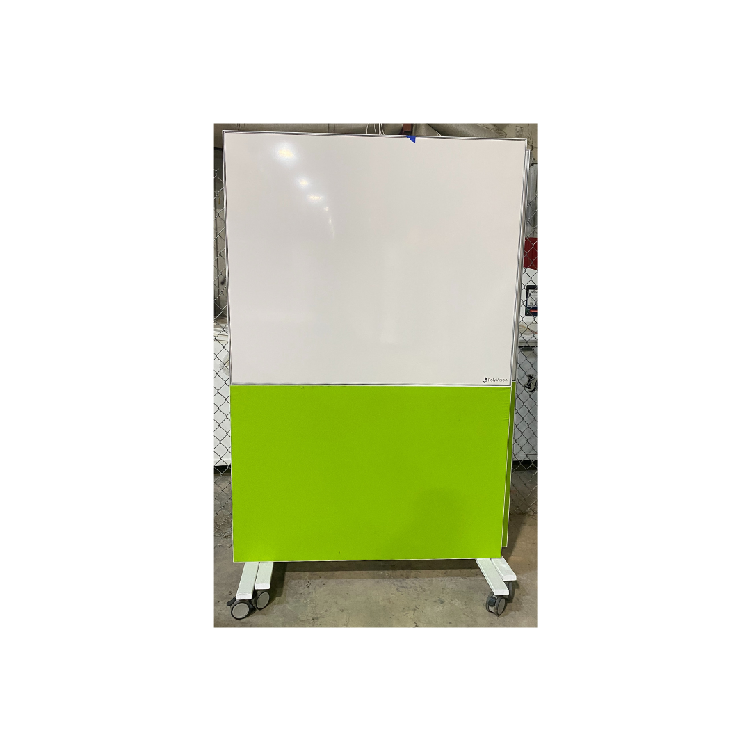 Polyvision Textura mobile partition with whiteboard surface and green fabric base on casters
