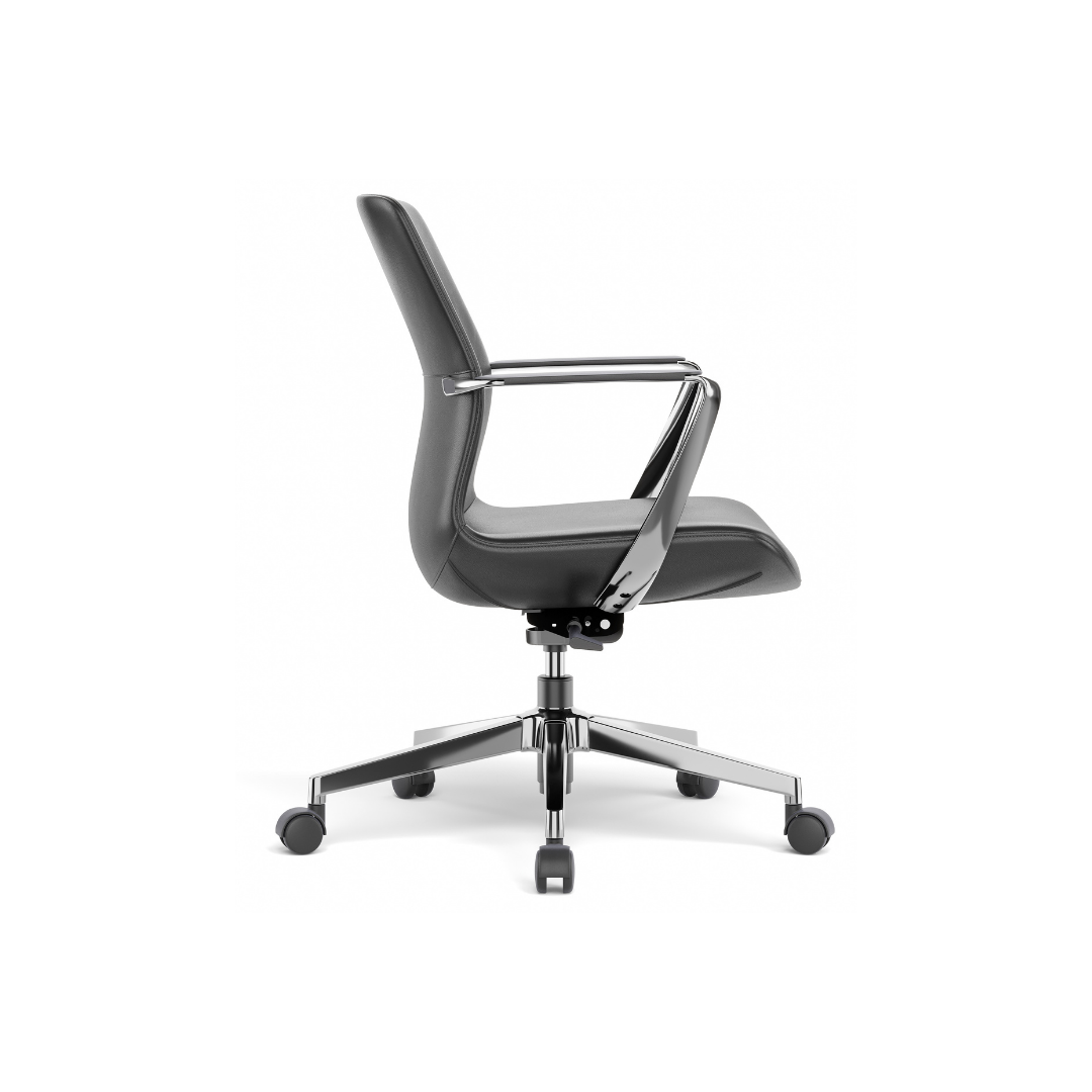 Side view of Borzoi black office chair with chrome arms and rolling base
