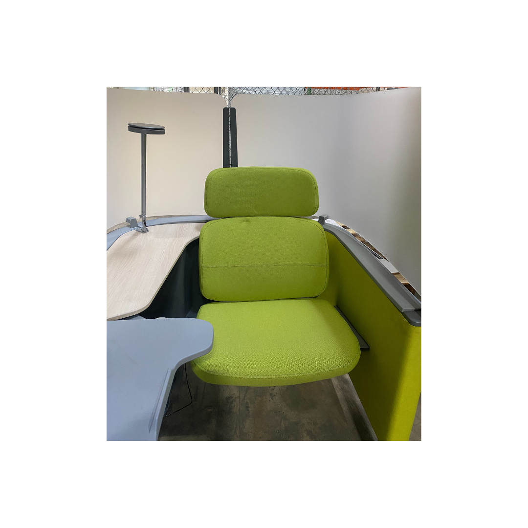 Steelcase Brody Work Lounge ergonomic seat with adjustable tablet arm and light wood side desk, Ready for pickup in the Raleigh-Durham area