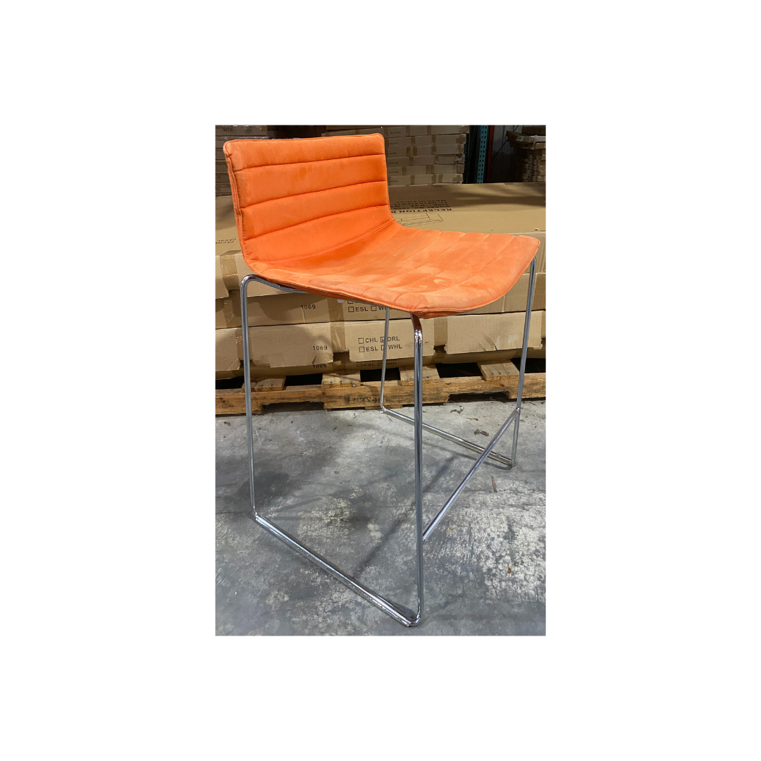 Modern bar height stool featuring an orange seat and back on a chrome metal frame