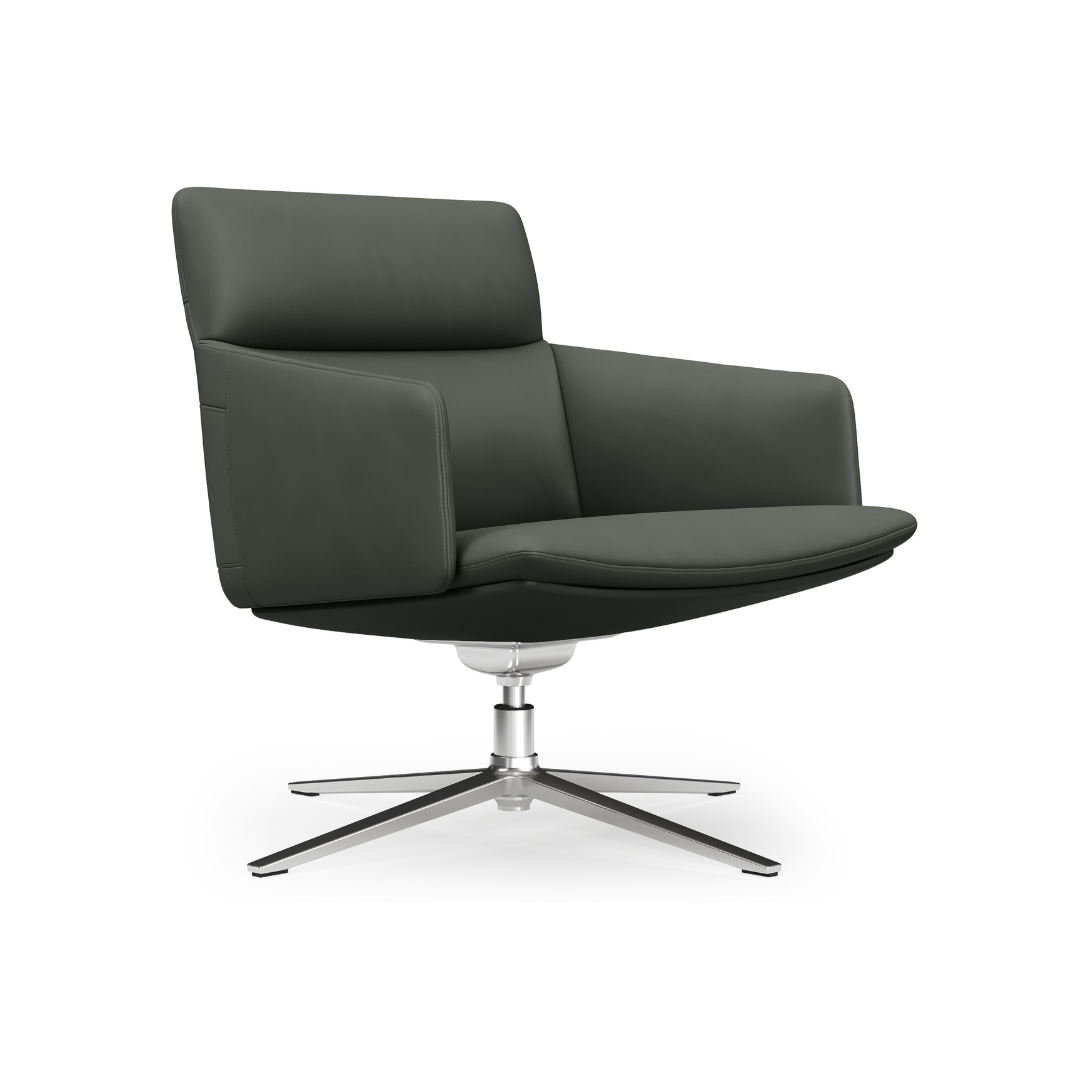 Modern gray accent chair with wraparound arms and metal swivel base