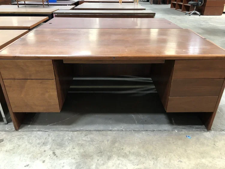 Vintage Steelcase executive desk with rich wood veneer and classic MCMC design