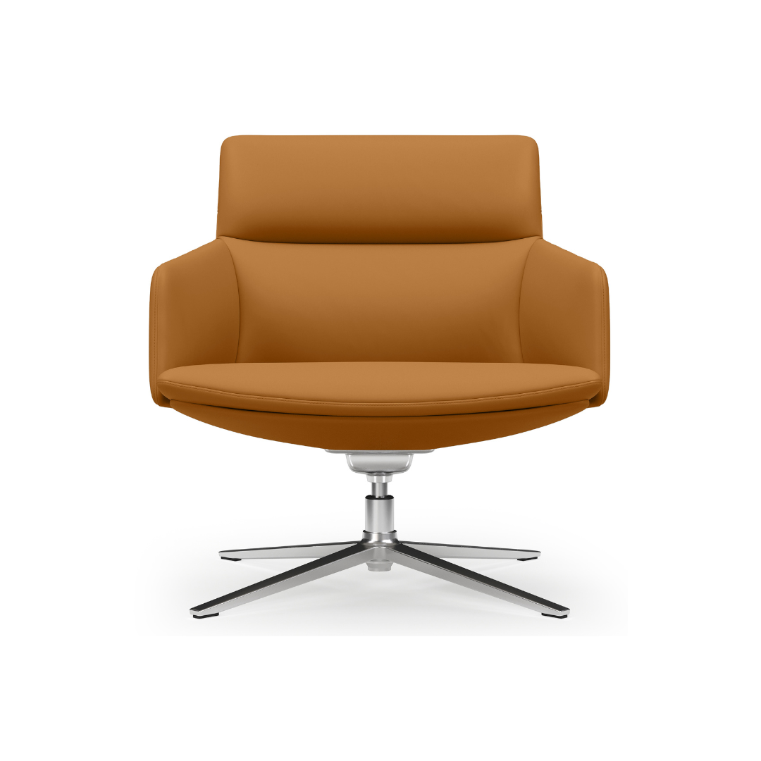 Modern swivel lounge chair with cushioned seat and polished metal base