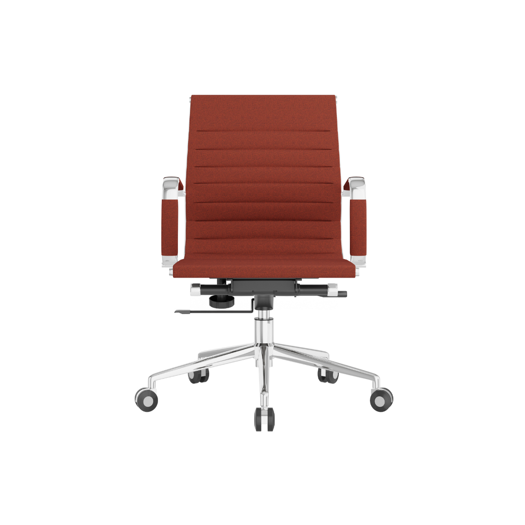 Modern erognomic office chair with rust upholstered seat and back, polished aluminum base, and adjustable arms