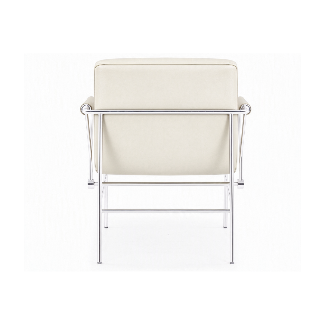 Rear view of the Napa cream upholstered lounge chair with chrome support frame, a stylish seating option for business reception areas in Raleigh, Cary, and Durham, NC