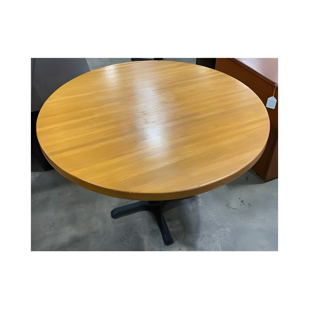 Preowned butcher block cafe table with durable wood surface and black aluminum base, ideal for breakrooms or cafeterias