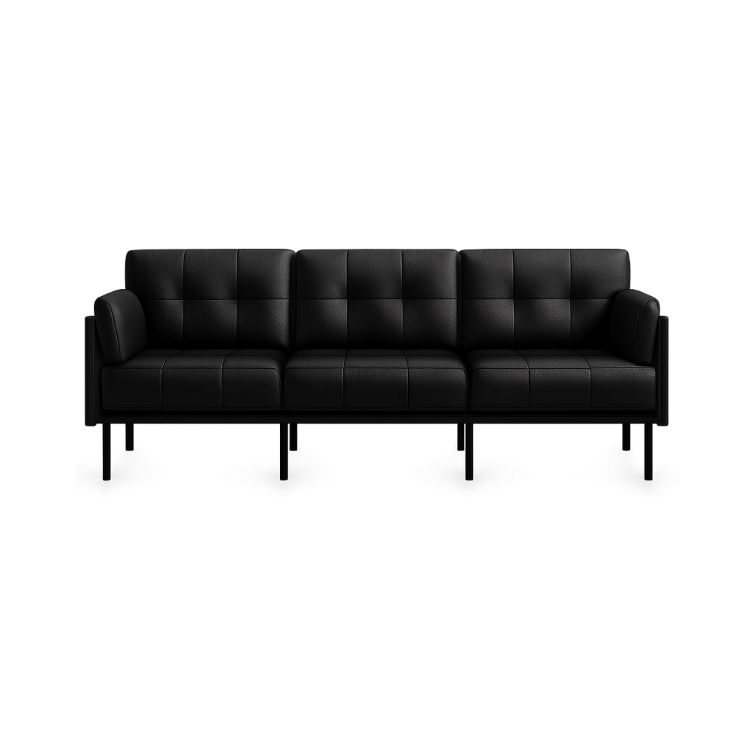 Black vinyl office sofa with clean lines and metal legs for waiting rooms and lounges